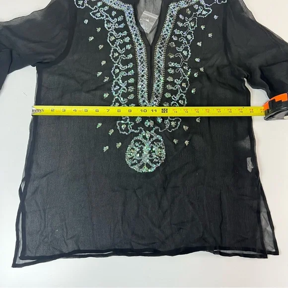 VENUS  Silk Sheer Black Swimsuit Coverup V-Neck Sequin Detailing Tunic Women's M - Picture 10 of 11